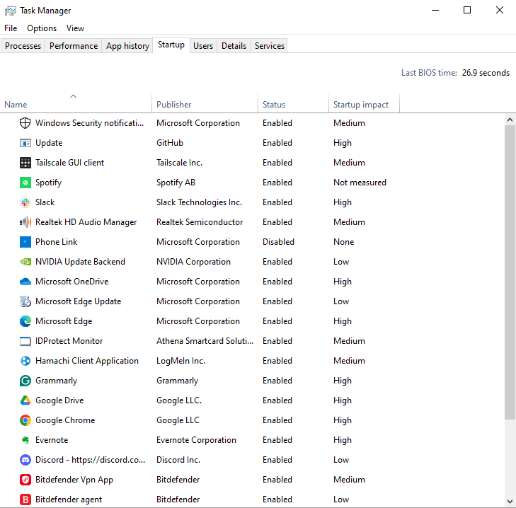 Fereastra Task Manager – Startup din Windows, afișând o listă de programe care pornesc automat la startup, cu impact diferit asupra performanței sistemului.