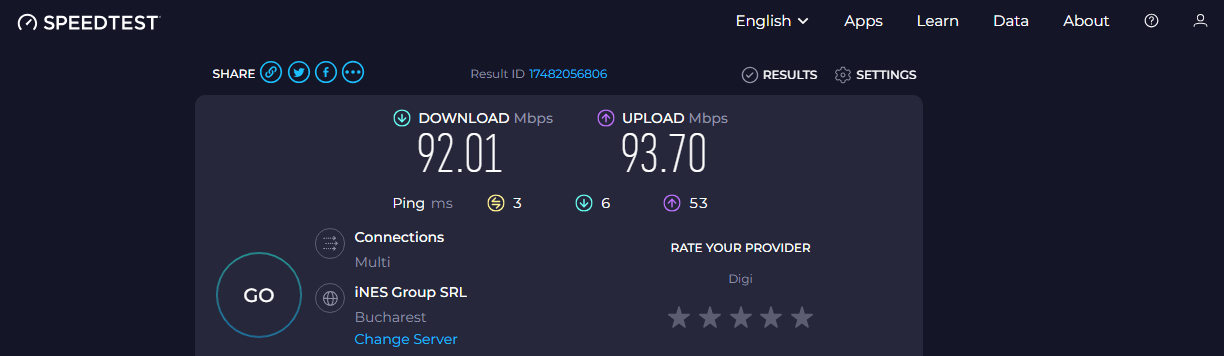 Rezultatele unui test de viteză pe Speedtest.net, afișând o viteză de descărcare de 92.01 Mbps și o viteză de încărcare de 93.70 Mbps, cu un ping de 3 ms